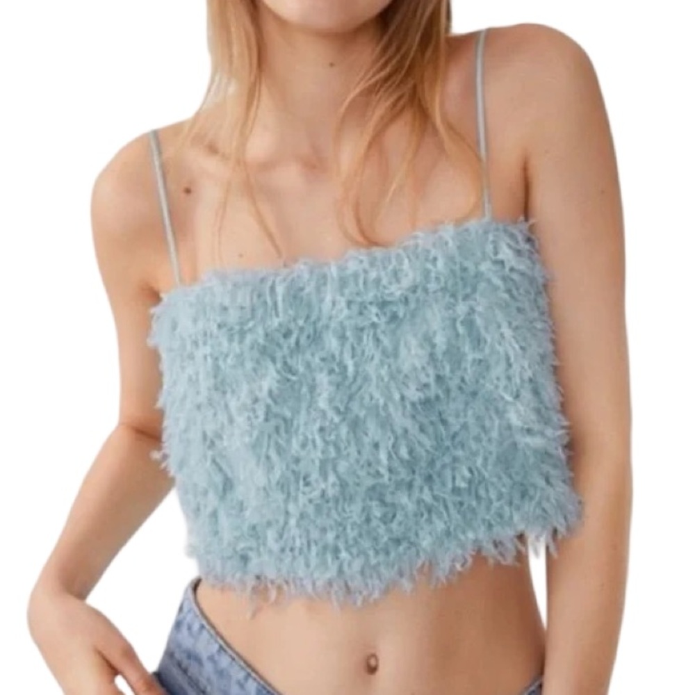 Zara Baby Blue Feather Crop Top SZ Small Old Money Glam Aesthetic Bougie Beach
